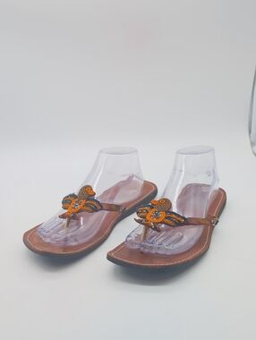 Vintage Thunderbird African 10 5 Handmade-Beaded Brown Leather Women’s Sandals